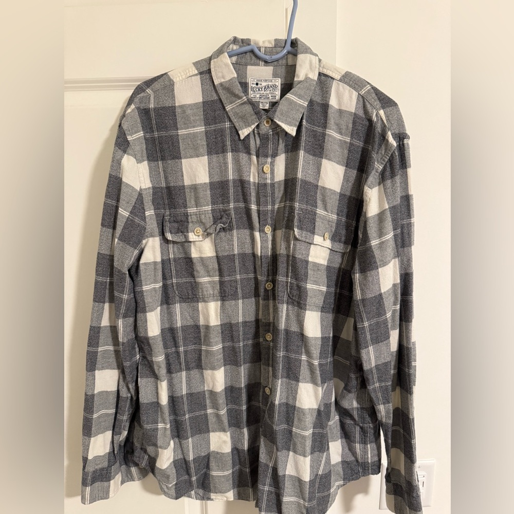 Mens Lucky Brand Button Up - Grey Plaid - XXL